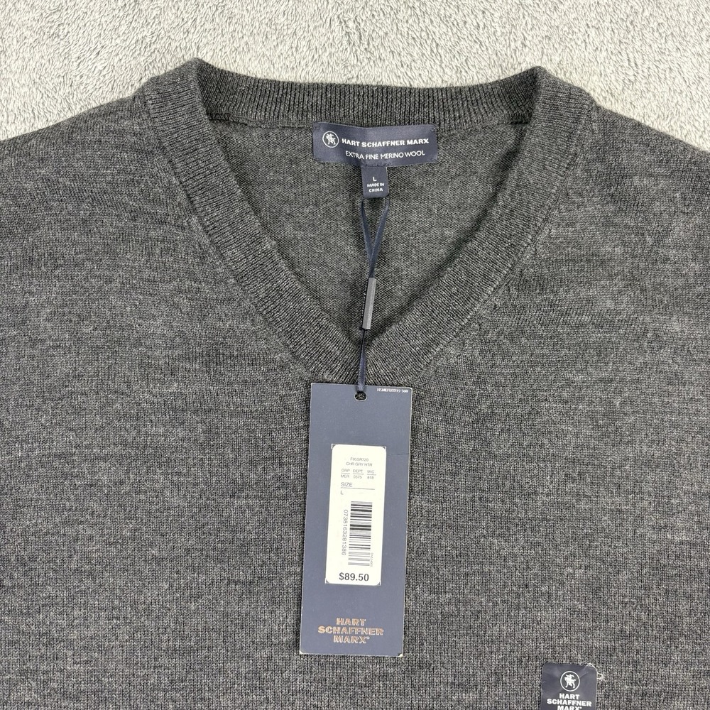 Hart Schaffner Marx Extra Fine Merino Wool V-Neck Sweater Gray Men's Sz LargeNew